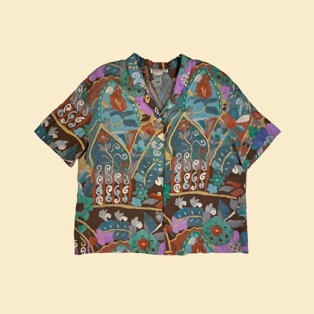 Vintage 1980s abstract blouse, Sharon Anthony rayon teal/purple button down